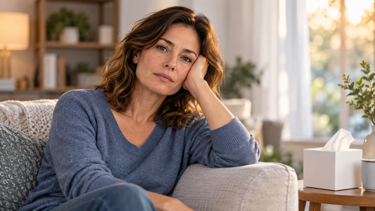 Woman resting her cheek on her hand on a sofa, with a tissue box nearby.