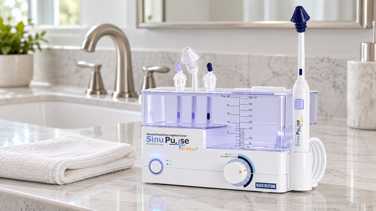SinuPulse Elite on a clean bathroom counter beside a folded white cloth.
