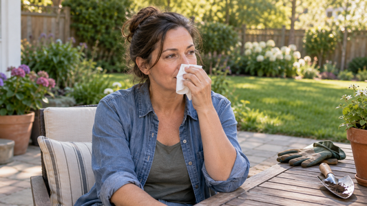 Woman holding a tissue on a patio after gardening, with gloves and a trowel nearby.