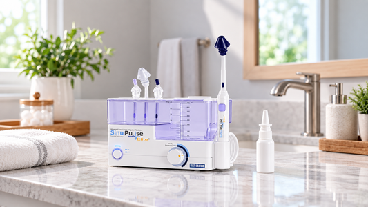 SinuPulse Elite irrigator beside a nasal spray bottle on a bathroom counter.