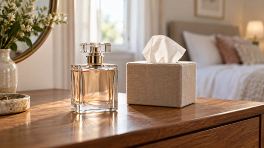 Unbranded perfume bottle and tissue box on a bedroom dresser in natural light.