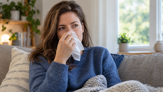 Woman holding a tissue near her nose while sitting on a sofa in a sunlit living room.