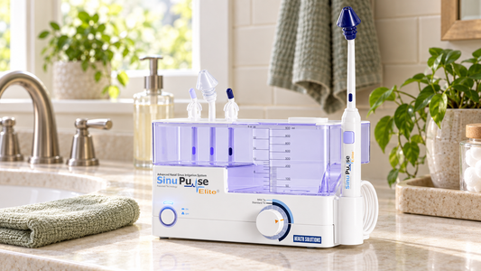 SinuPulse Elite nasal irrigator on a bathroom counter beside a folded green washcloth.