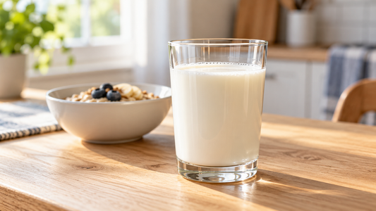 A glass of milk on a breakfast table in a softly lit kitchen.