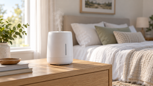 White cool-mist humidifier on a wooden bedside table in a bright bedroom.