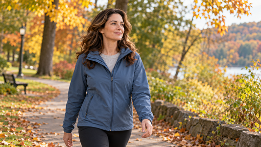 Woman in a blue jacket walking on a park path with autumn trees in the background.