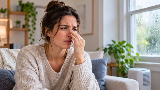 woman experiencing a stuffy nose while sitting in a damp, musty room