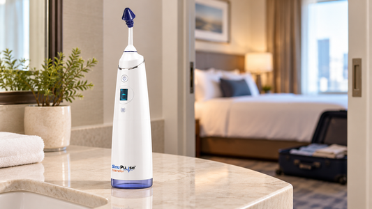 SinuPulse Traveler on a hotel bathroom vanity with a suitcase in the background.