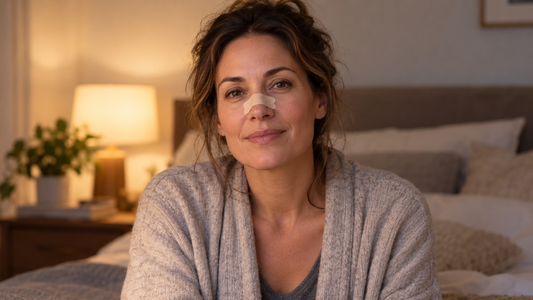 Woman wearing an unbranded nasal strip while sitting in a softly lit bedroom.