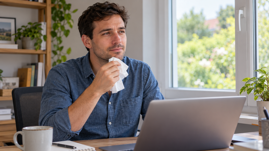 Adult man at a home-office desk holding a tissue beside a closed window.