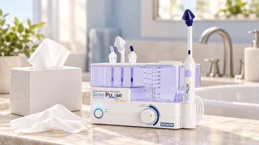 SinuPulse Elite nasal irrigator beside a tissue box on a bathroom counter