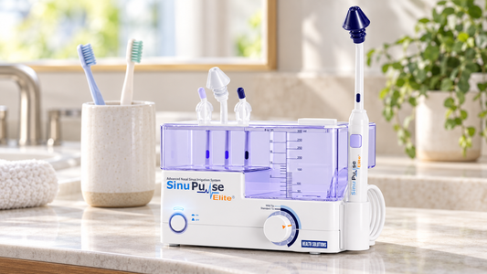 SinuPulse Elite beside toothbrushes on a bright bathroom counter.