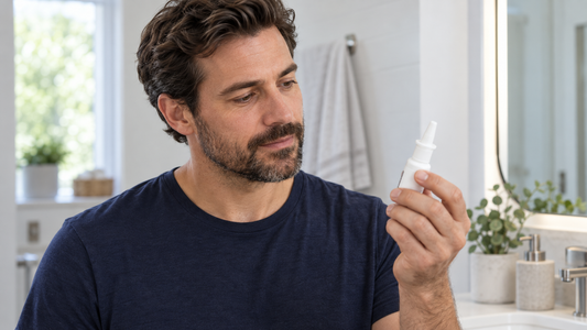 Man examining the label on a nasal spray bottle at a bathroom vanity