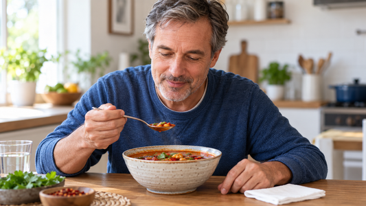 Man seated at a kitchen table with a bowl of soup and a tissue beside his meal.
