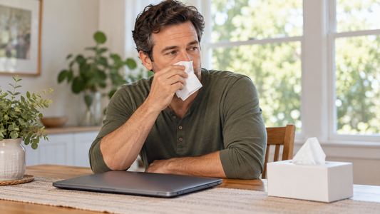 Man with a tissue seated beside a closed laptop at home.